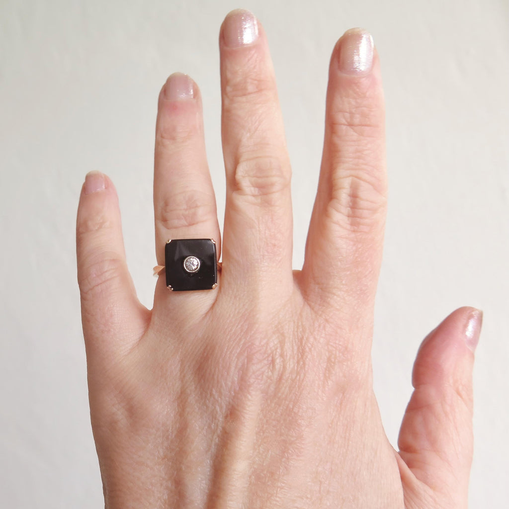 Antique Art Deco Onyx and Diamond Ring 9k Gold Antique 1930s