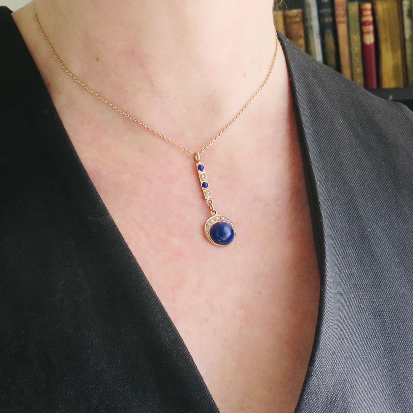 Antique Lapis Lazuli Lavalier Necklace, 15k Gold, Celestial Drop Pendant