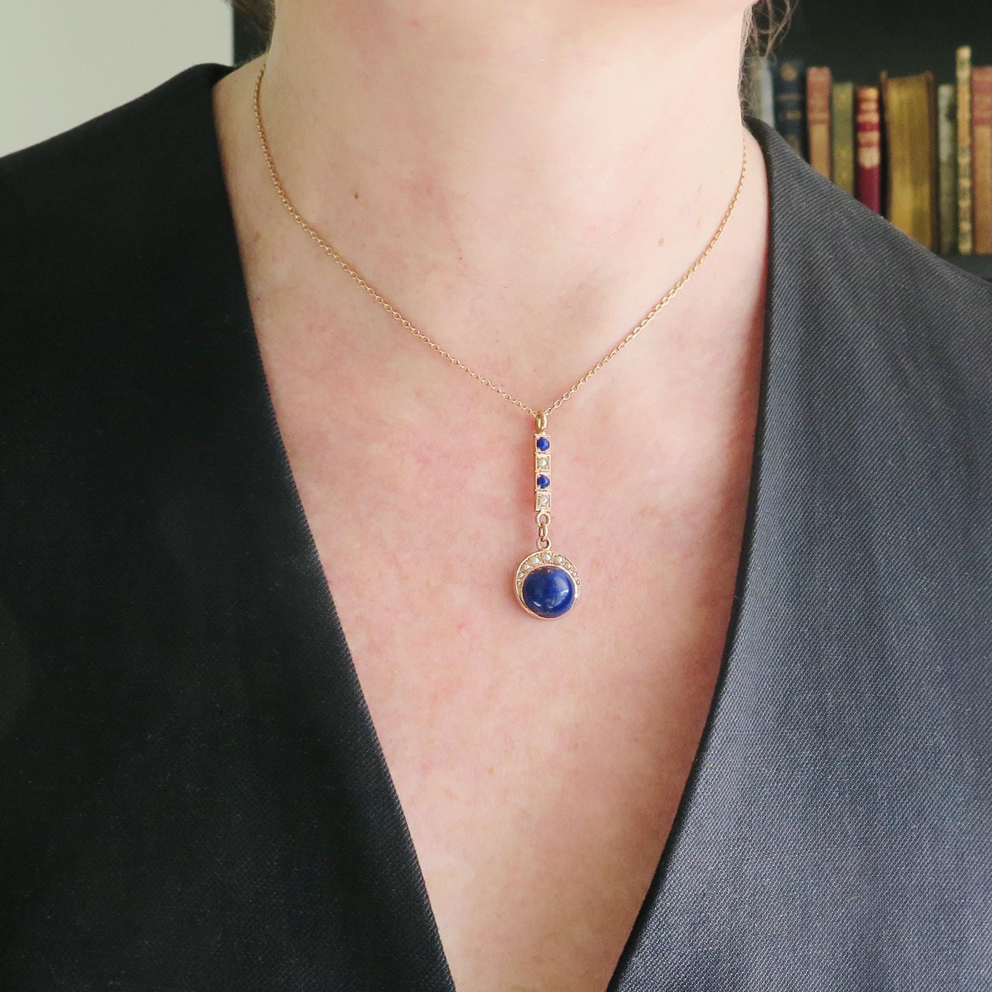 Antique Lapis Lazuli Lavalier Necklace, 15k Gold, Celestial Drop Pendant