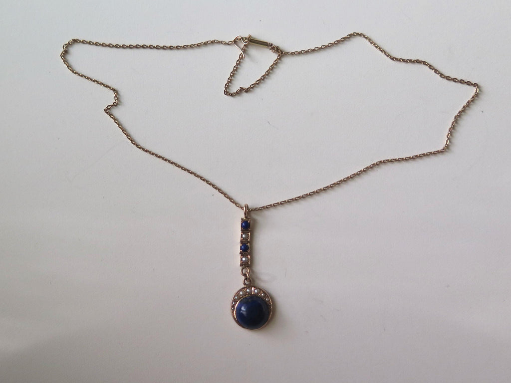 Antique Lapis Lazuli Lavalier Necklace, 15k Gold, Celestial Drop Pendant