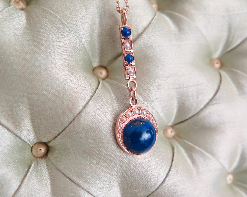 Antique Lapis Lazuli Lavalier Necklace, 15k Gold, Celestial Drop Pendant