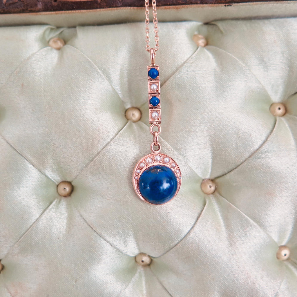 Antique Lapis Lazuli Lavalier Necklace, 15k Gold, Celestial Drop Pendant