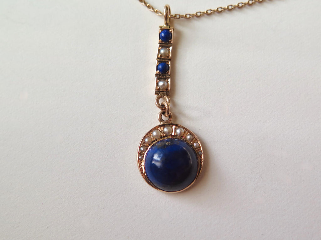 Antique Lapis Lazuli Lavalier Necklace, 15k Gold, Celestial Drop Pendant