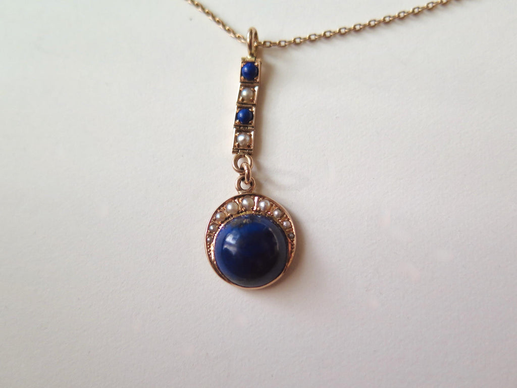 Antique Lapis Lazuli Lavalier Necklace, 15k Gold, Celestial Drop Pendant