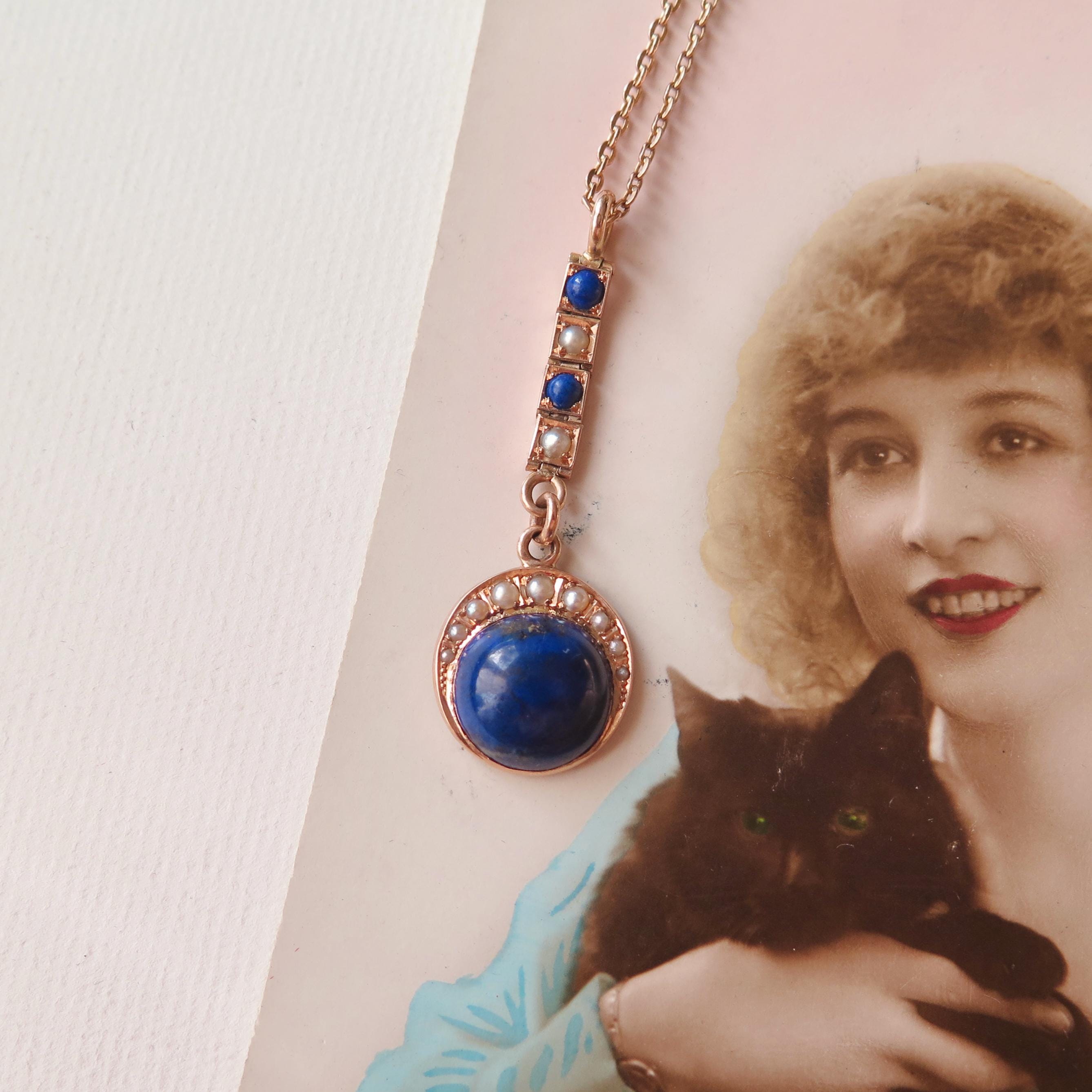 Antique Lapis Lazuli Lavalier Necklace, 15k Gold, Celestial Drop Pendant