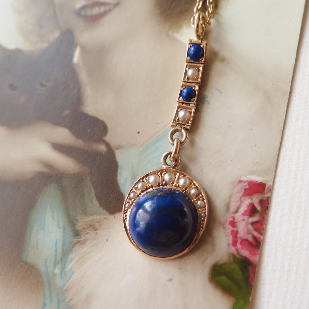 Antique Lapis Lazuli Lavalier Necklace, 15k Gold, Celestial Drop Pendant