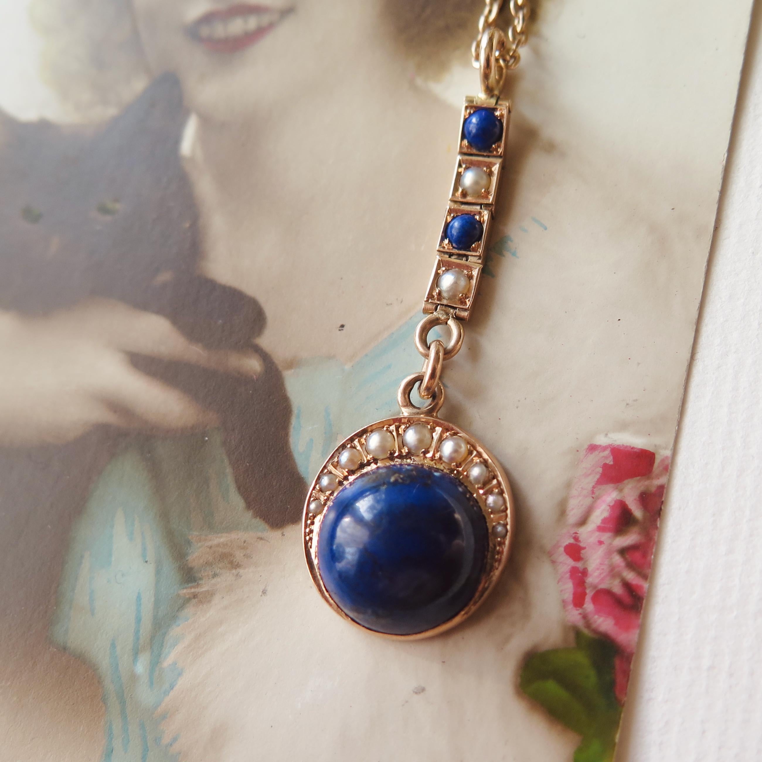 Antique Lapis Lazuli Lavalier Necklace, 15k Gold, Celestial Drop Pendant