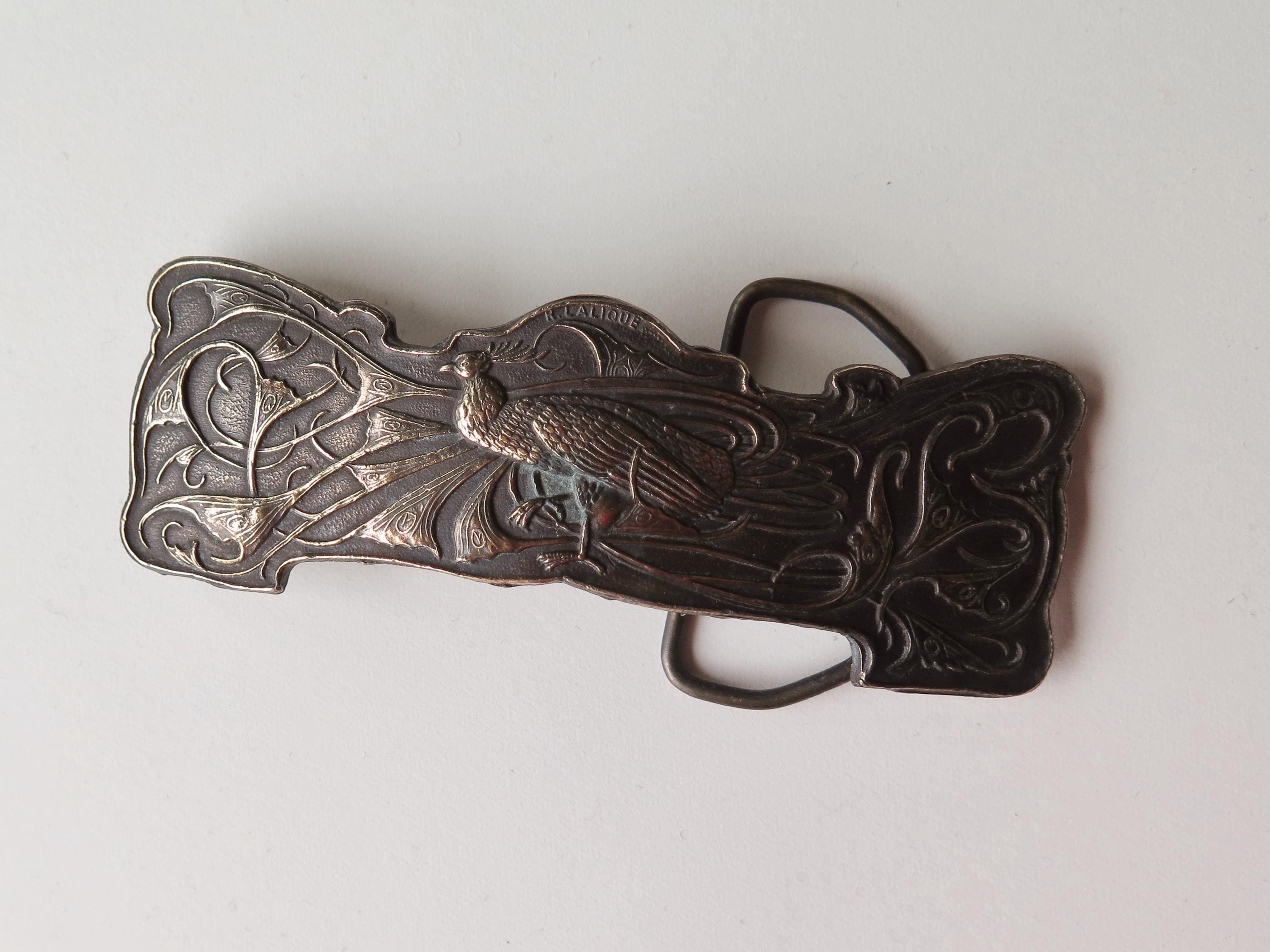 Antique Art Nouveau Belt Buckle Peacock Patinated Bronze Signed Lalique French 1900
