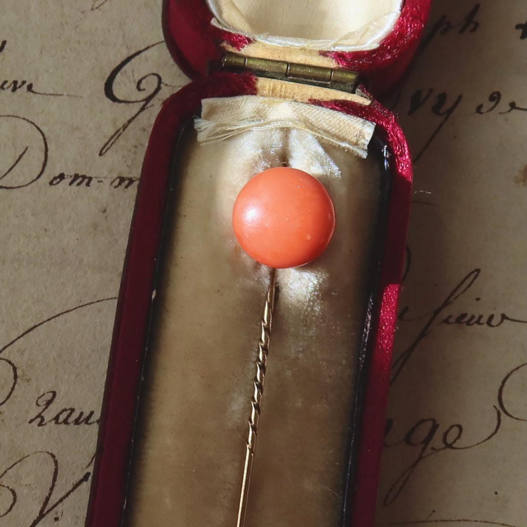 Antique 14K Gold Tie Pin with Natural Coral Cabochon