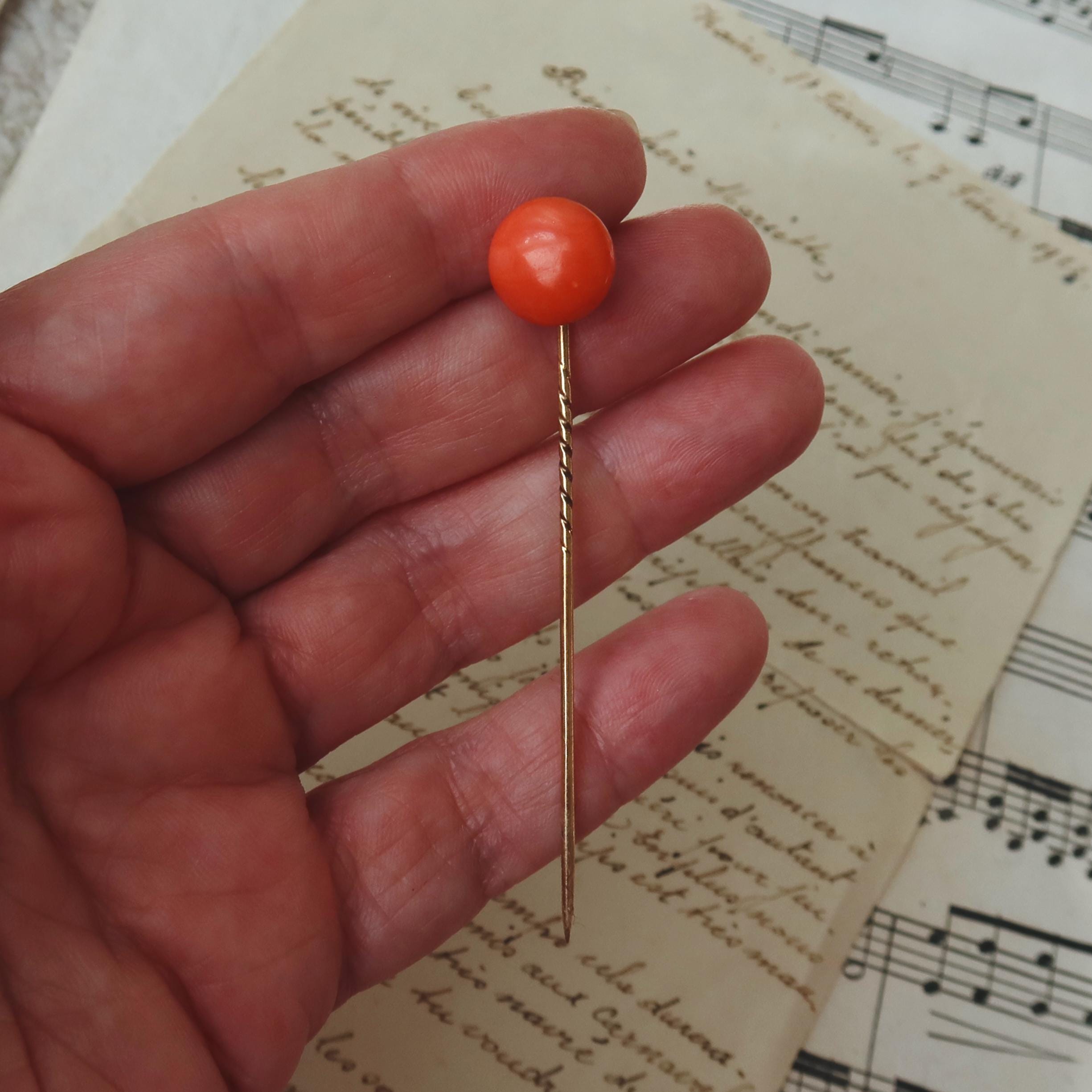 Antique 14K Gold Tie Pin with Natural Coral Cabochon