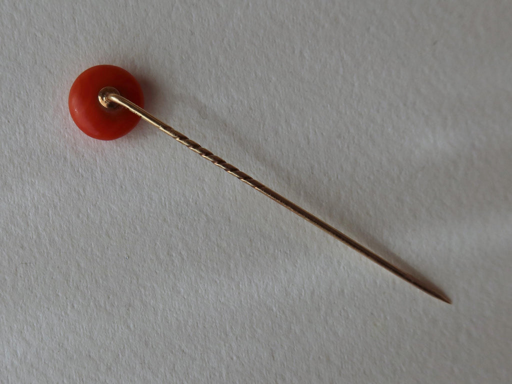 Antique 14K Gold Tie Pin with Natural Coral Cabochon
