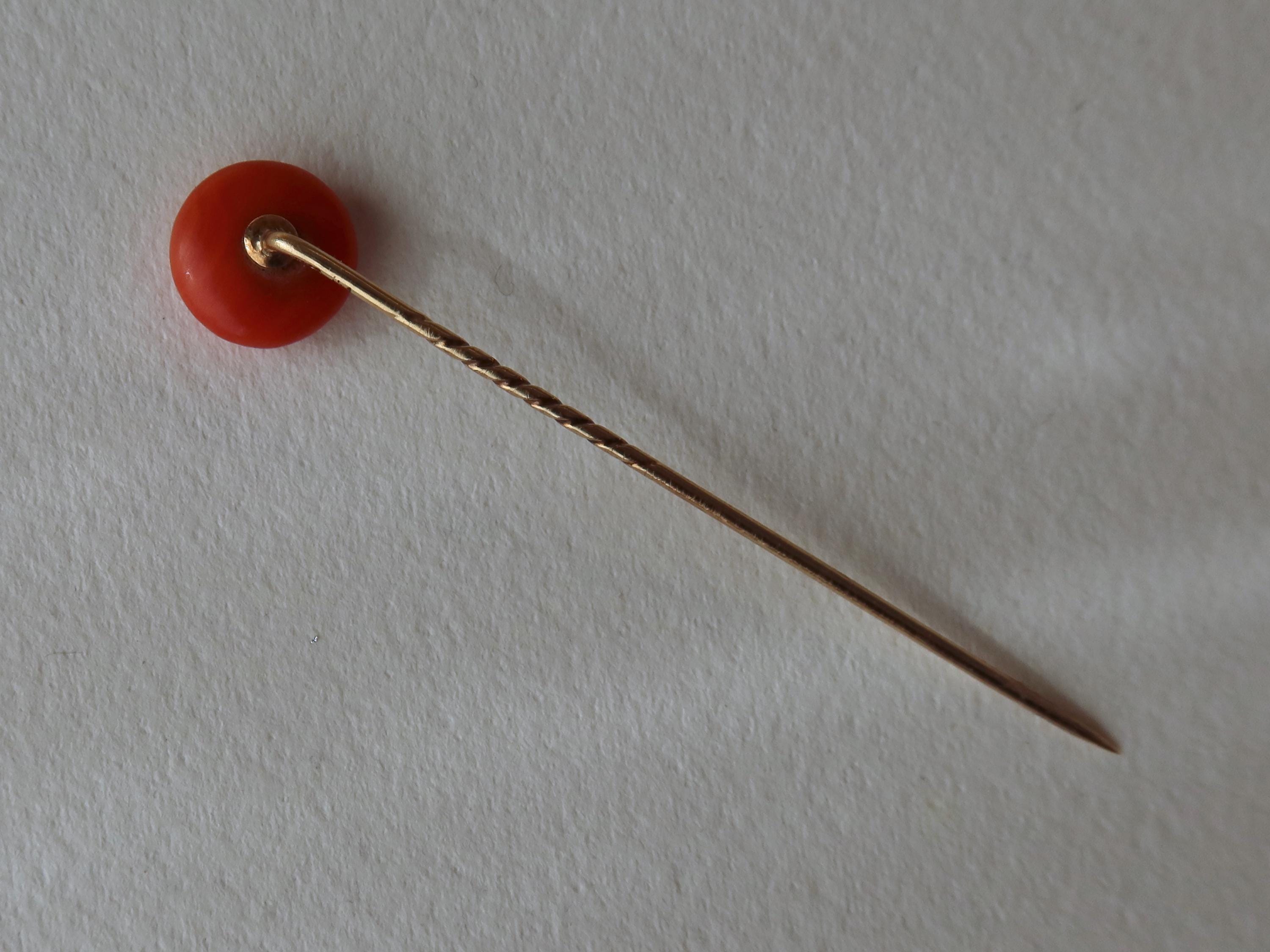 Antique 14K Gold Tie Pin with Natural Coral Cabochon