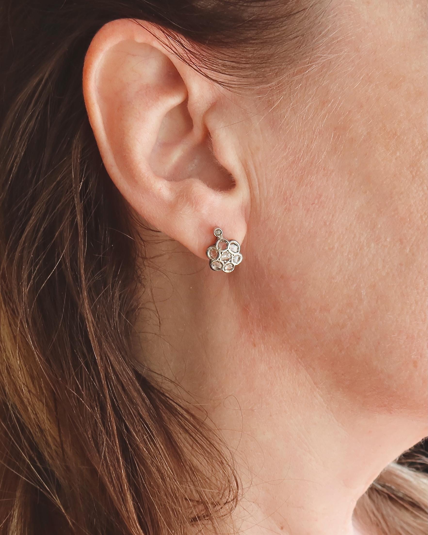 Antique 9k Gold Diamond Cluster Dormeuse Earrings, Edwardian Era, Early 1900s