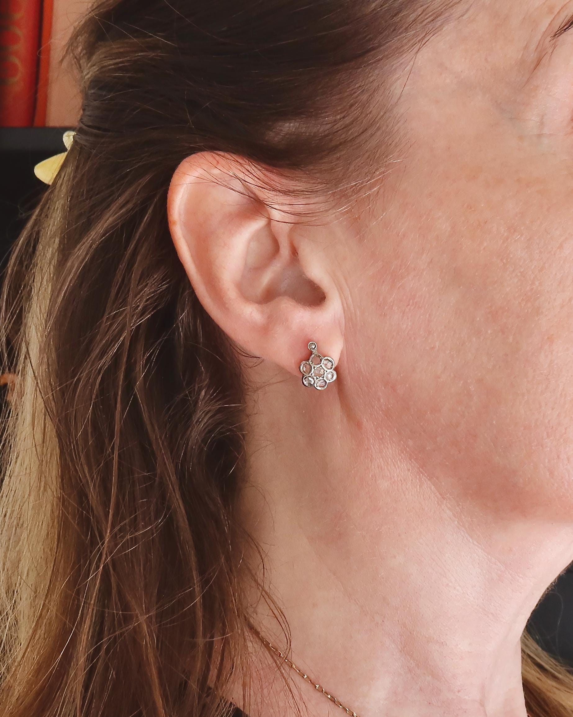 Antique 9k Gold Diamond Cluster Dormeuse Earrings, Edwardian Era, Early 1900s