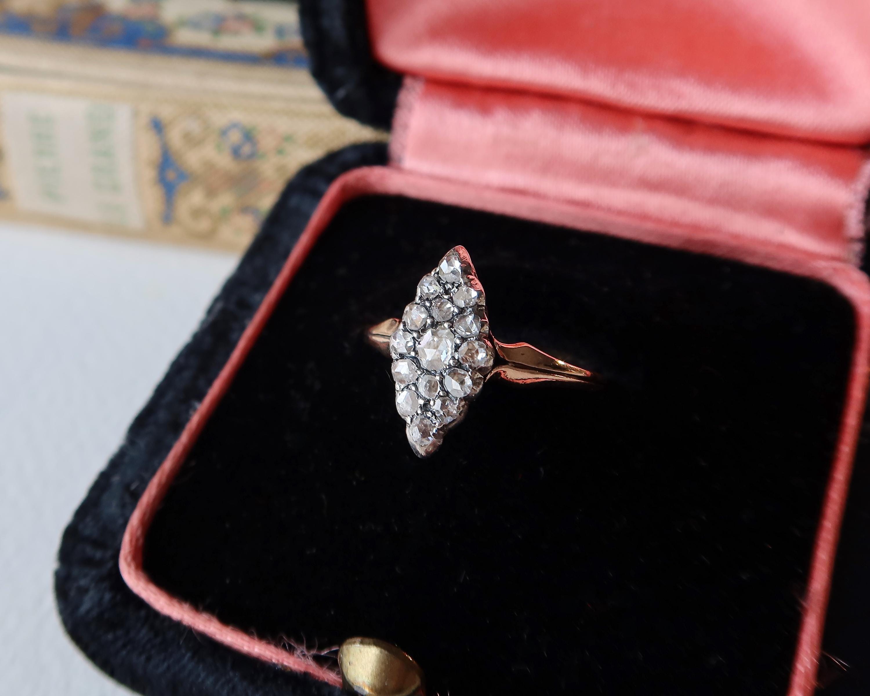 Antique Marquise Diamond Ring, 12k Gold with Natural Rose Cut Diamonds Edwardian