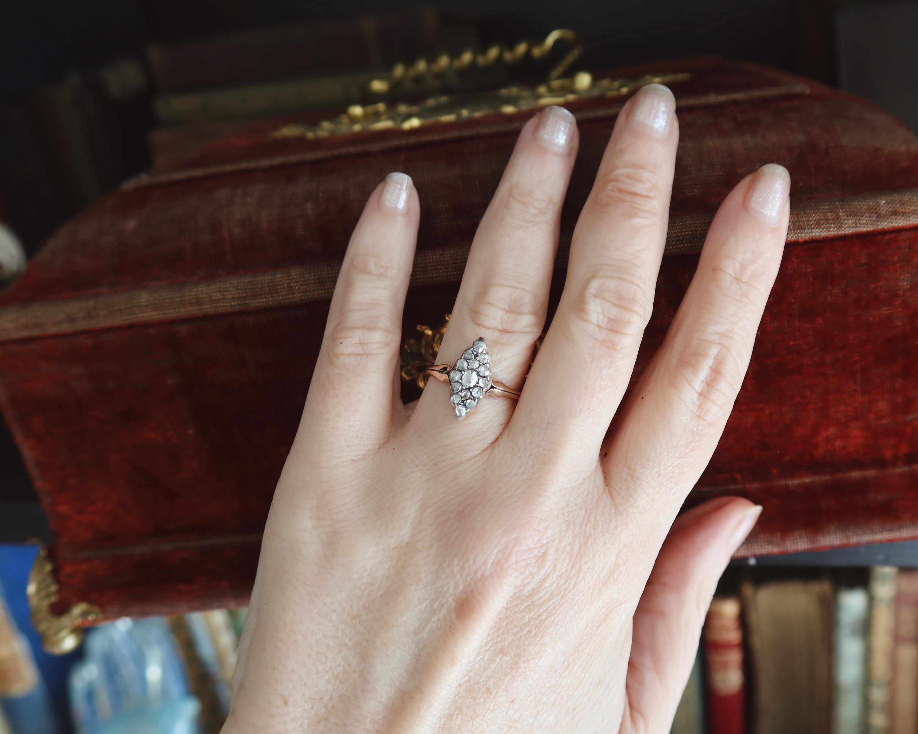 Antique Marquise Diamond Ring, 12k Gold with Natural Rose Cut Diamonds Edwardian