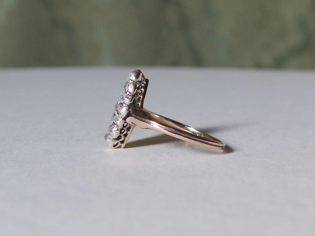 Antique Marquise Diamond Ring, 12k Gold with Natural Rose Cut Diamonds Edwardian