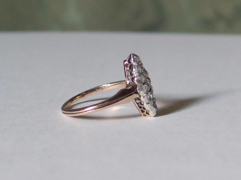 Antique Marquise Diamond Ring, 12k Gold with Natural Rose Cut Diamonds Edwardian