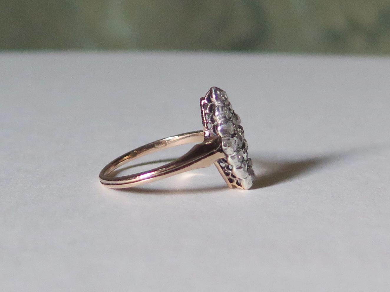 Antique Marquise Diamond Ring, 12k Gold with Natural Rose Cut Diamonds Edwardian