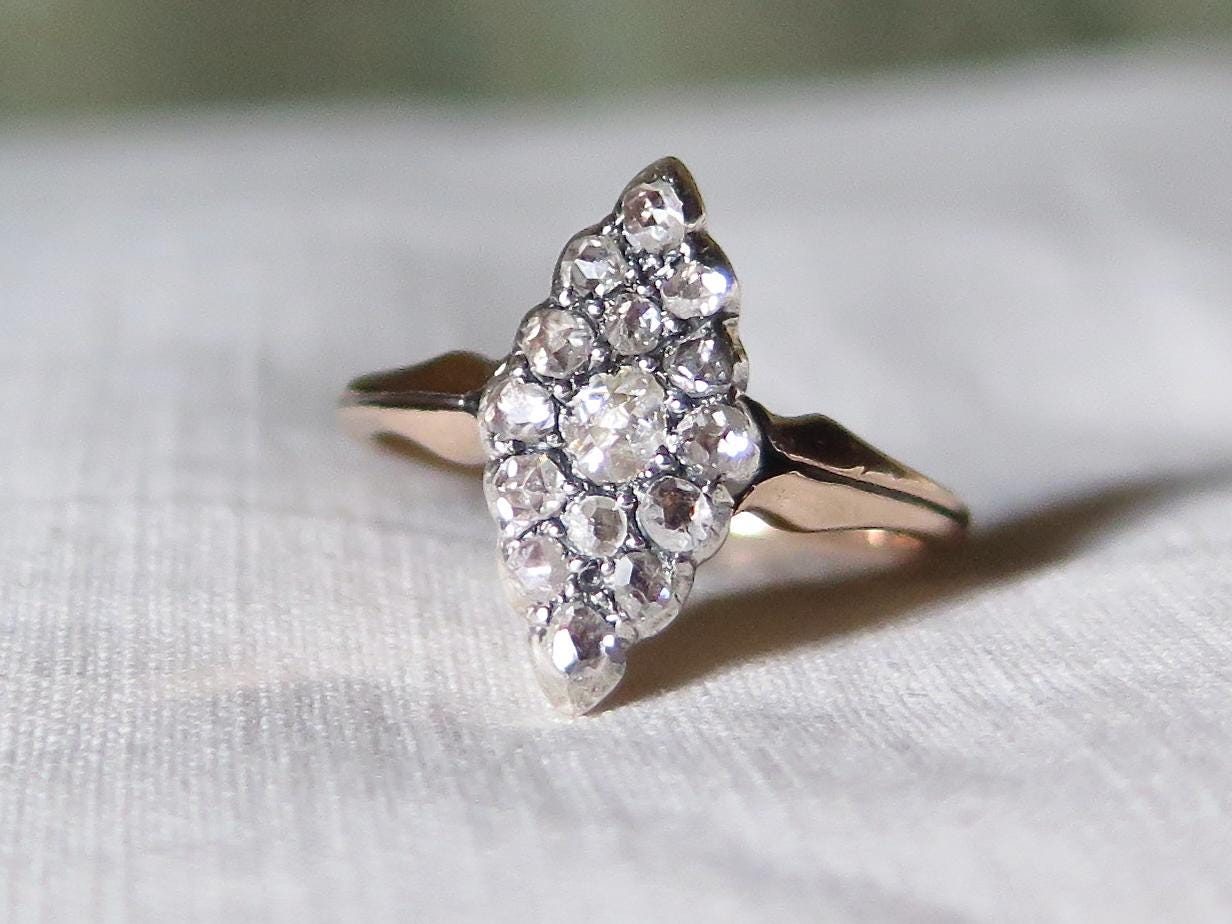 Antique Marquise Diamond Ring, 12k Gold with Natural Rose Cut Diamonds Edwardian
