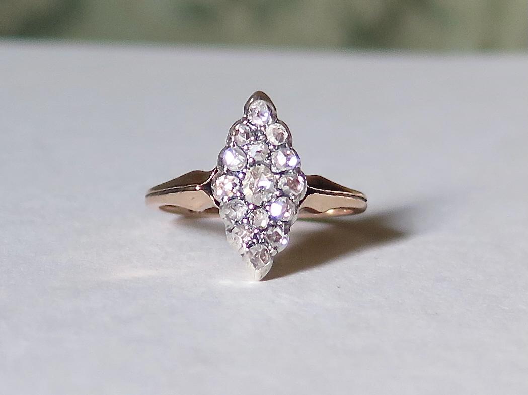 Antique Marquise Diamond Ring, 12k Gold with Natural Rose Cut Diamonds Edwardian