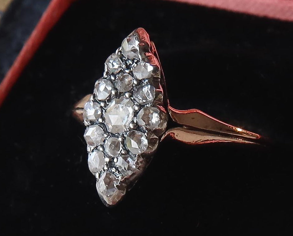 Antique Marquise Diamond Ring, 12k Gold with Natural Rose Cut Diamonds Edwardian