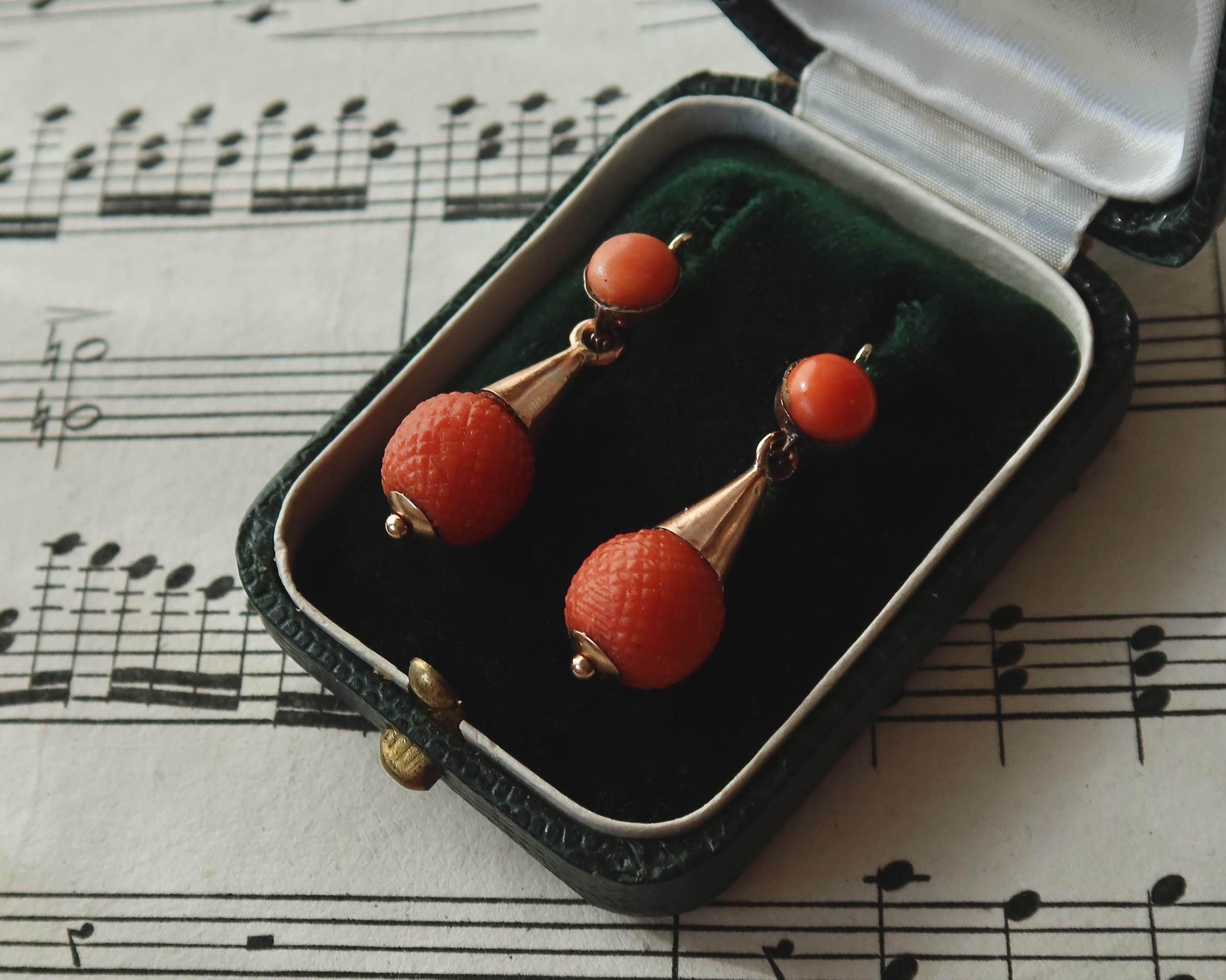 Antique Victorian Coral Earrings, 9k Gold Drop Earrings