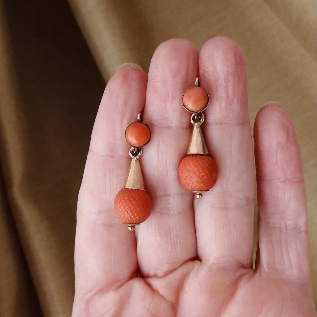 Antique Victorian Coral Earrings, 9k Gold Drop Earrings