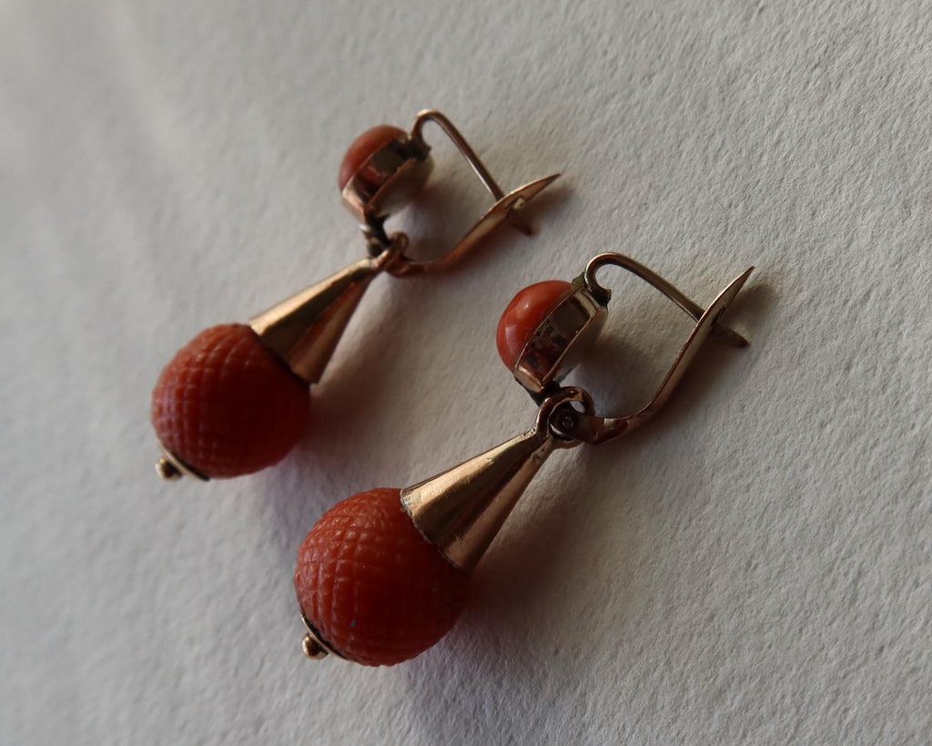 Antique Victorian Coral Earrings, 9k Gold Drop Earrings