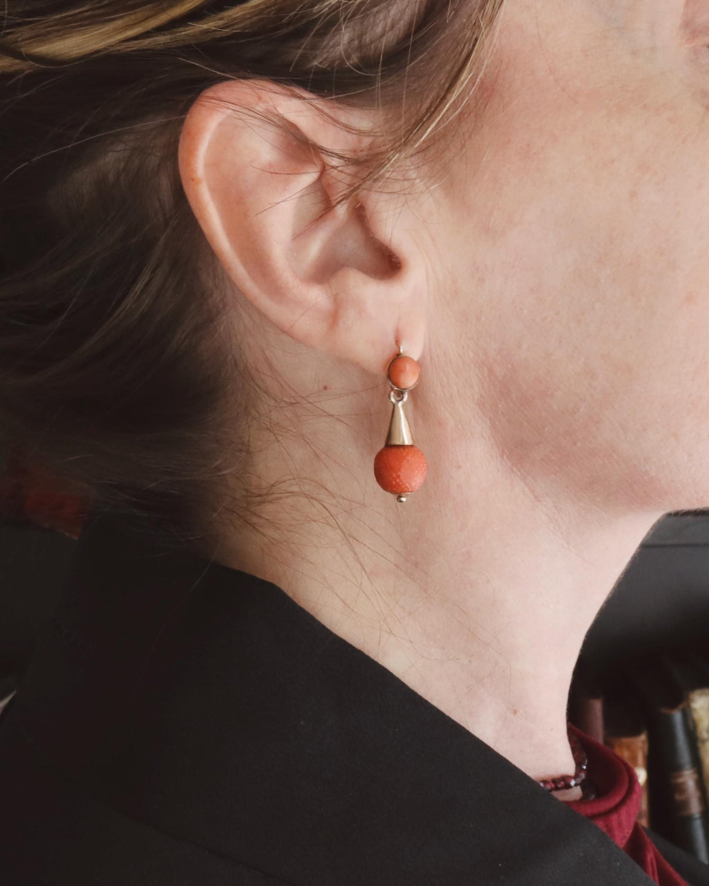 Antique Victorian Coral Earrings, 9k Gold Drop Earrings