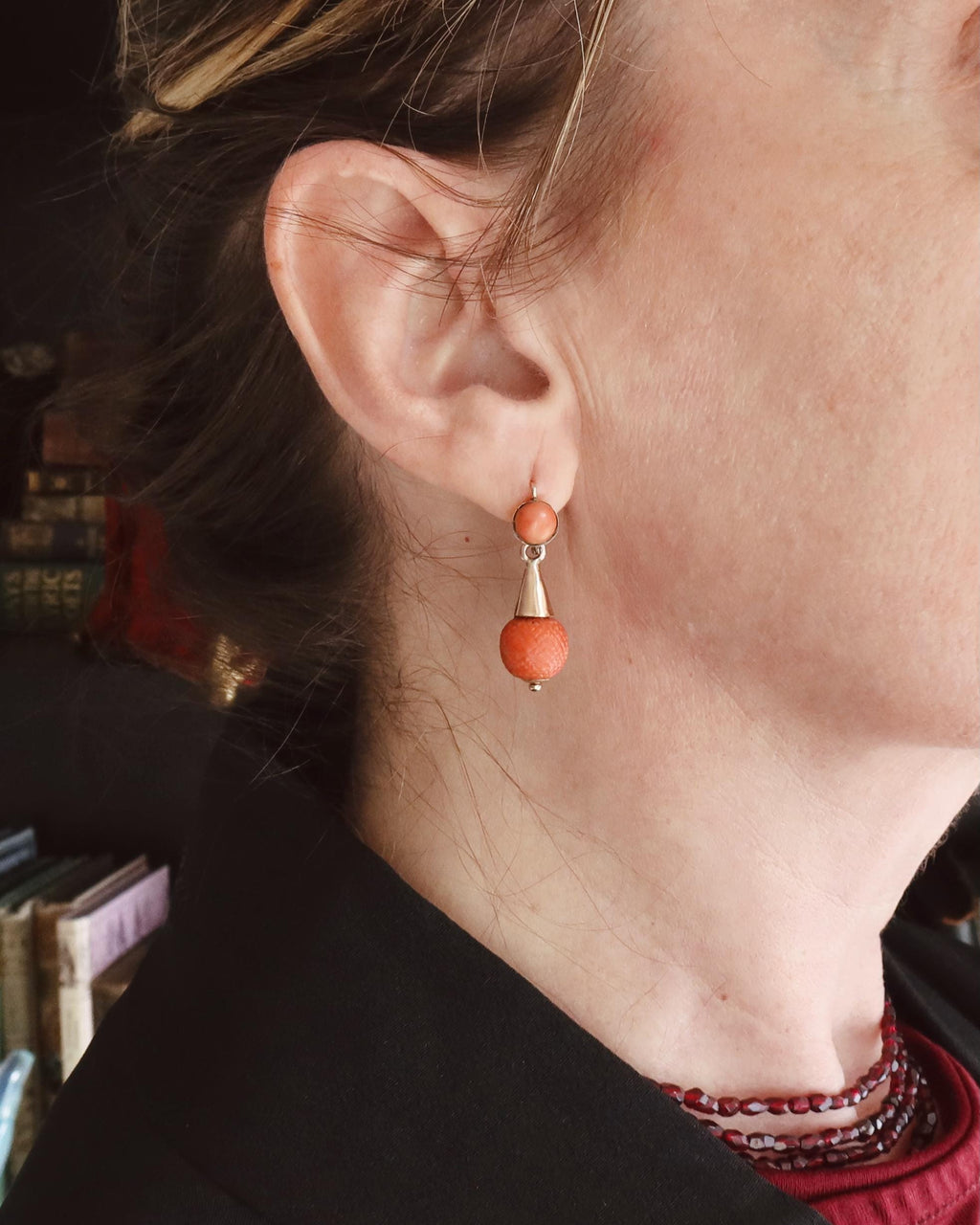 Antique Victorian Coral Earrings, 9k Gold Drop Earrings