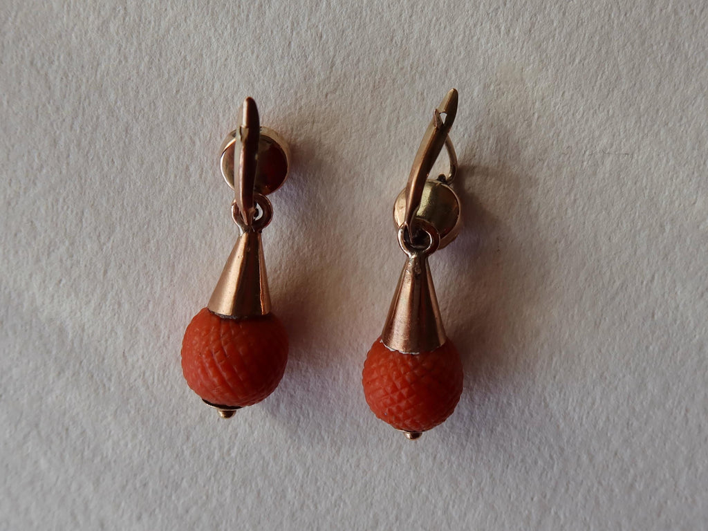 Antique Victorian Coral Earrings, 9k Gold Drop Earrings
