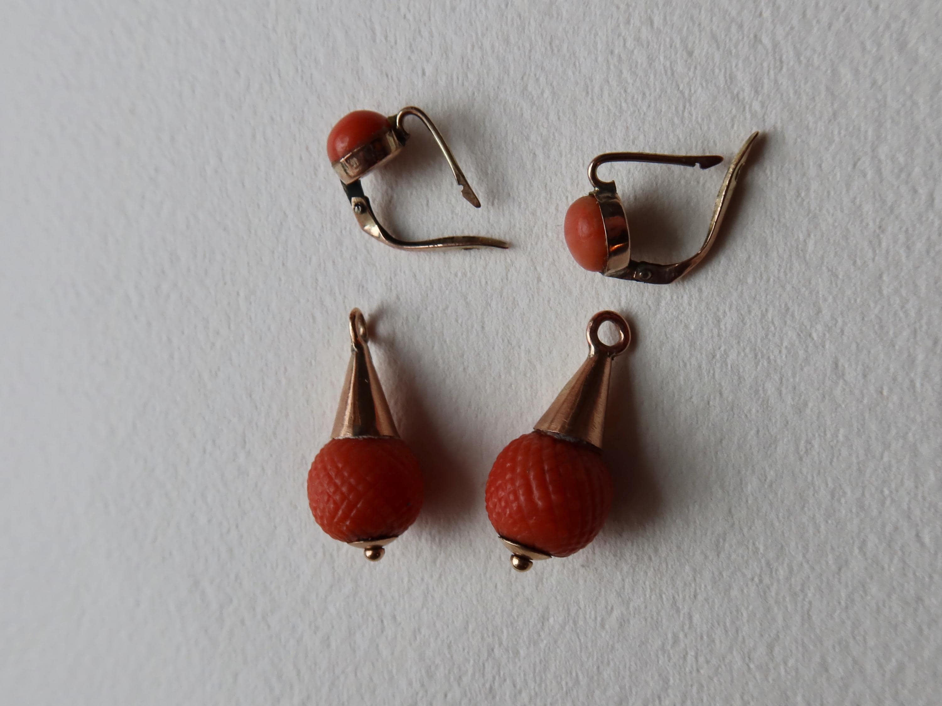 Antique Victorian Coral Earrings, 9k Gold Drop Earrings