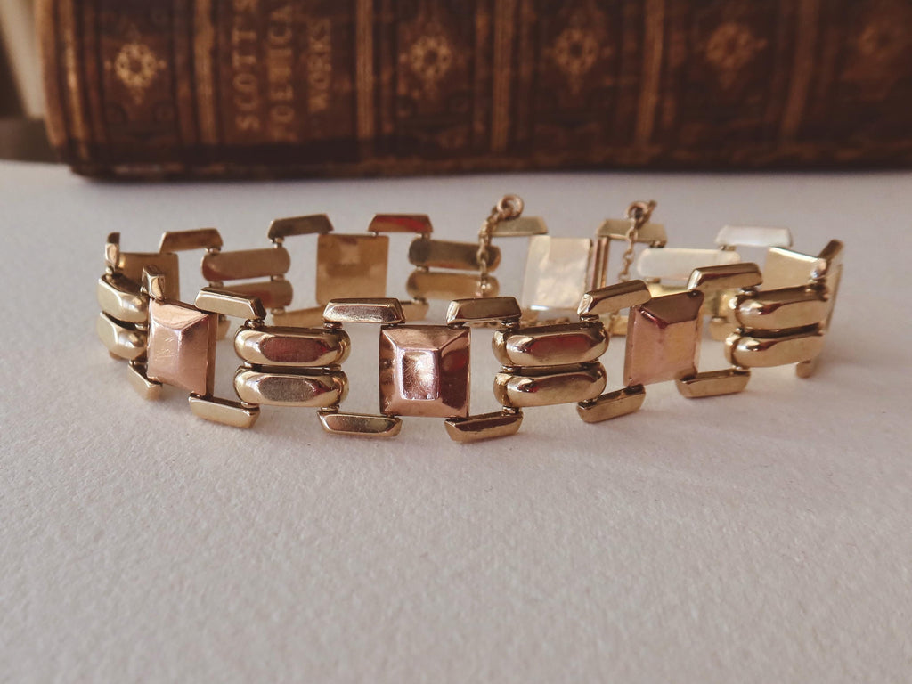 Vintage 14k Gold Tank Bracelet, Yellow and Rose Gold, Chunky Geometric Links, 1940s Style