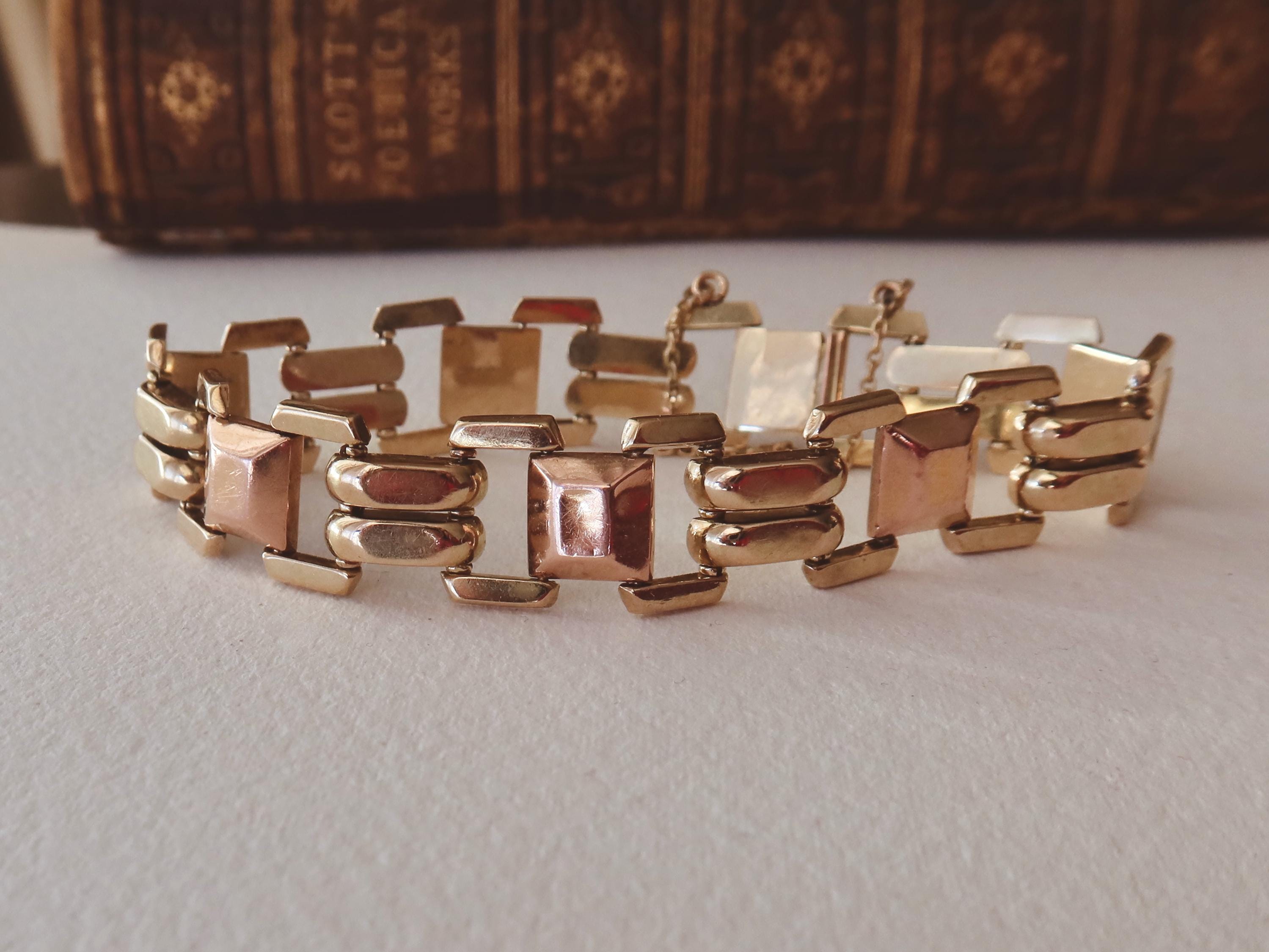 Vintage 14k Gold Tank Bracelet, Yellow and Rose Gold, Chunky Geometric Links, 1940s Style
