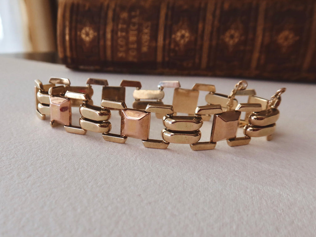 Vintage 14k Gold Tank Bracelet, Yellow and Rose Gold, Chunky Geometric Links, 1940s Style