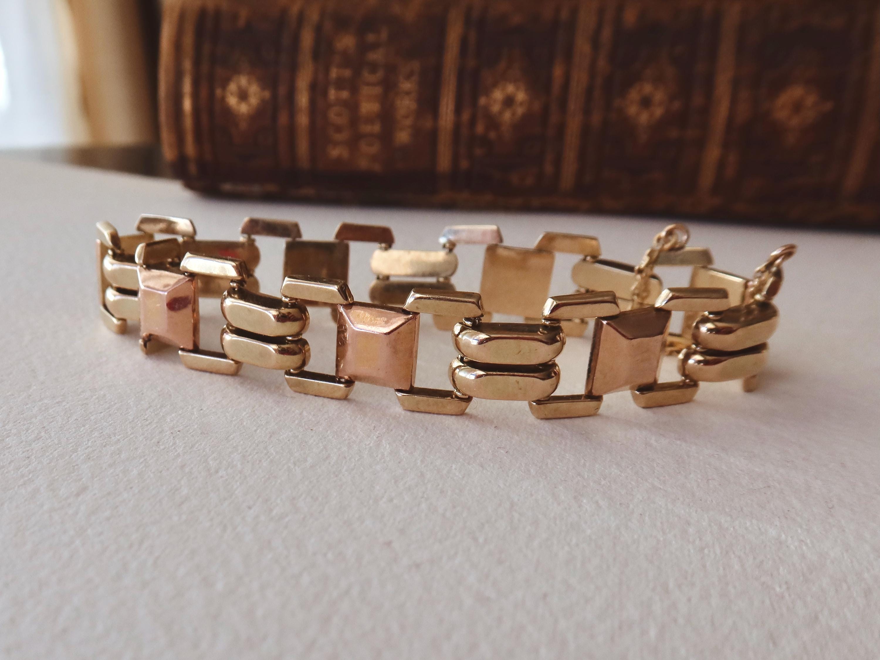 Vintage 14k Gold Tank Bracelet, Yellow and Rose Gold, Chunky Geometric Links, 1940s Style