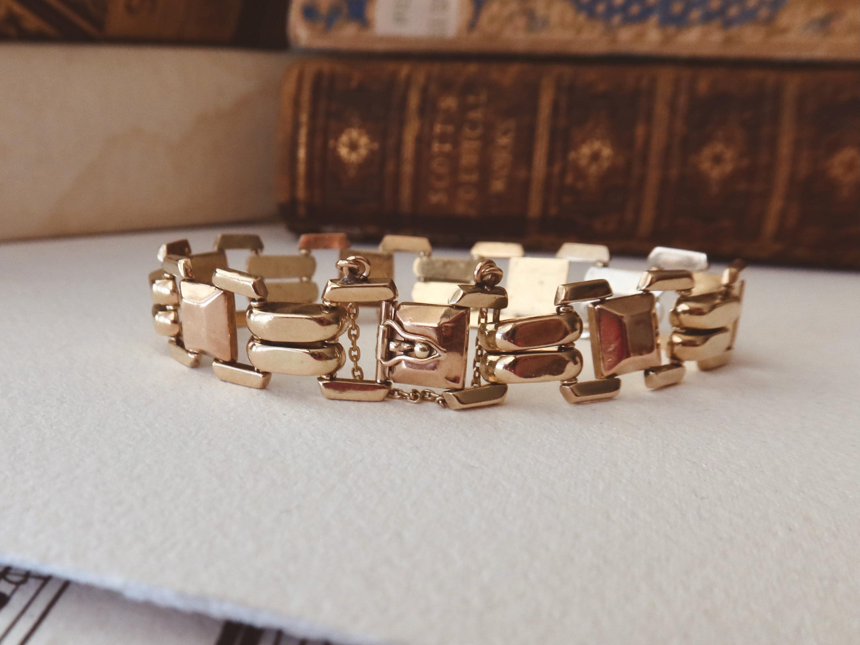 Vintage 14k Gold Tank Bracelet, Yellow and Rose Gold, Chunky Geometric Links, 1940s Style