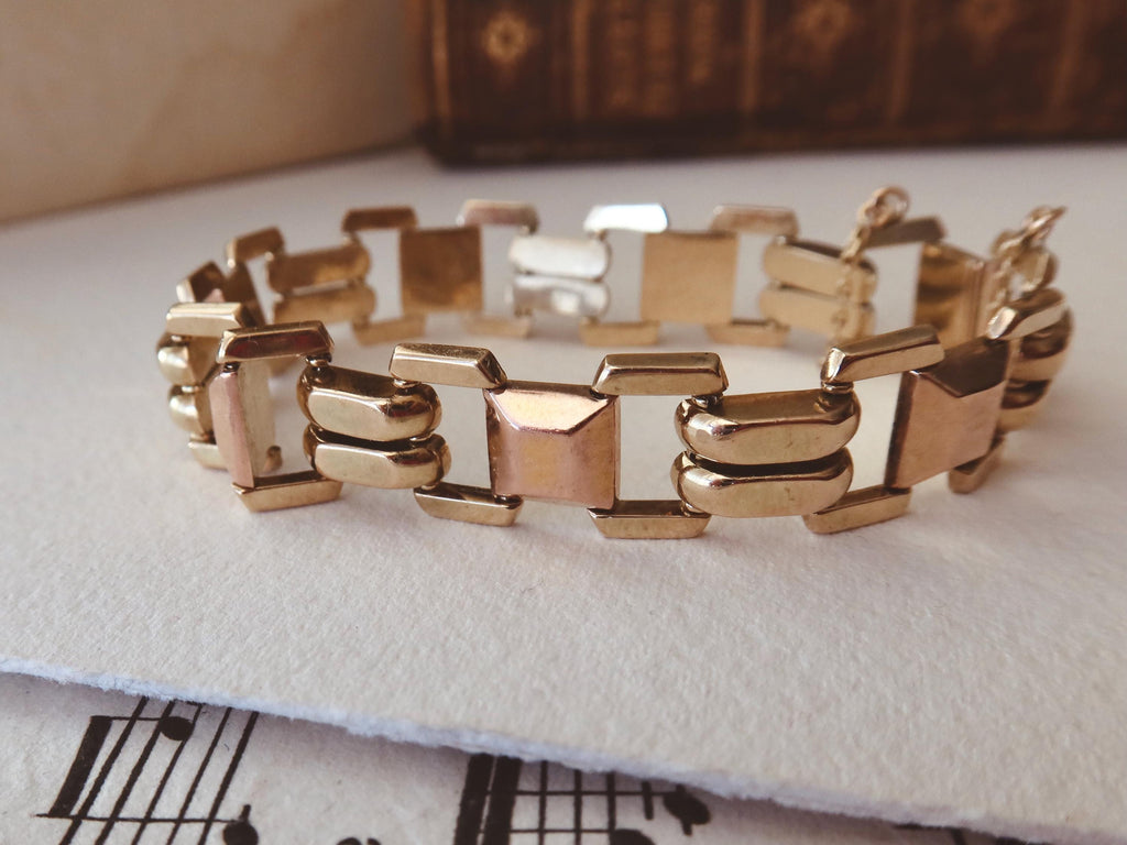 Vintage 14k Gold Tank Bracelet, Yellow and Rose Gold, Chunky Geometric Links, 1940s Style