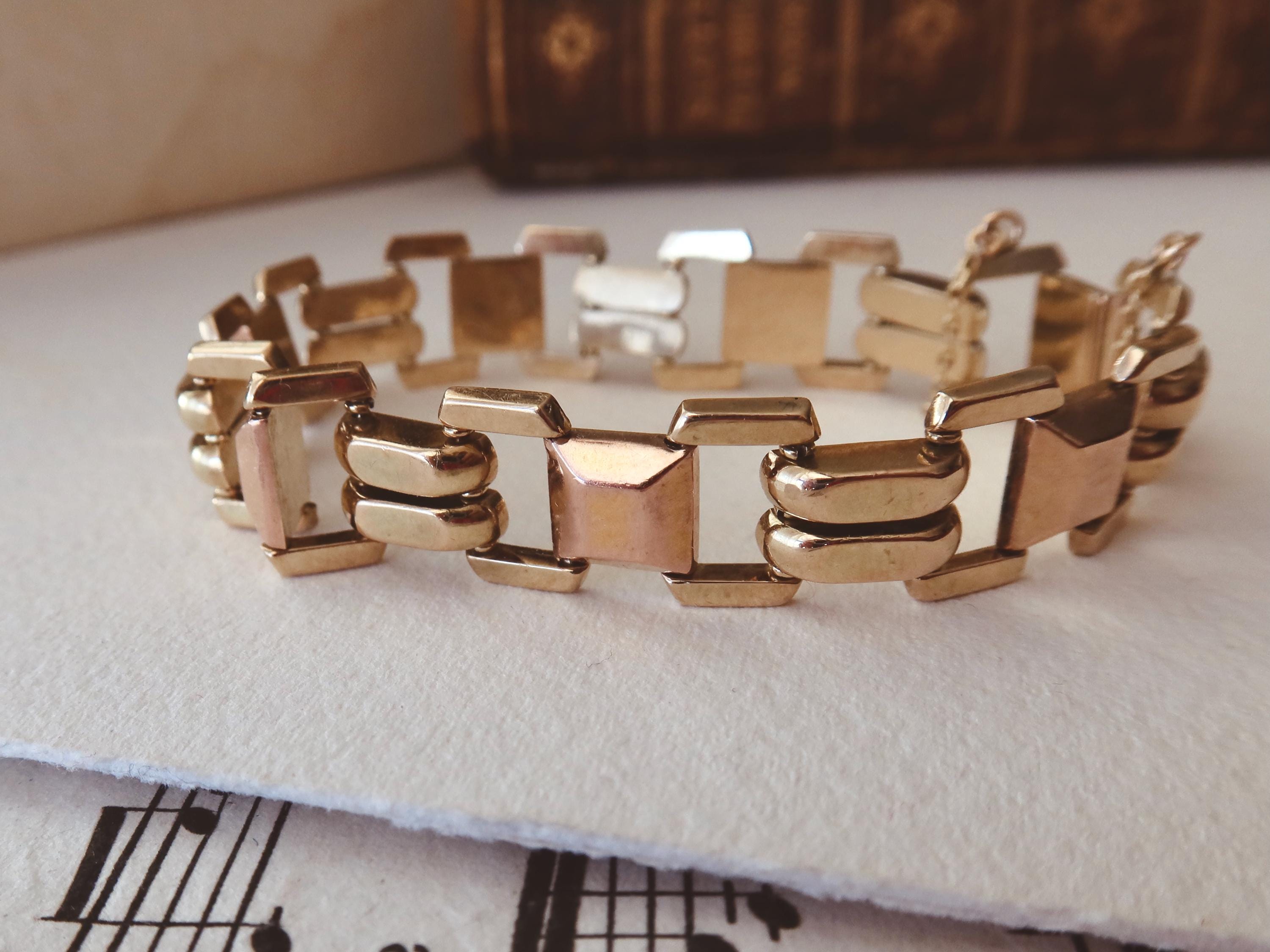 Vintage 14k Gold Tank Bracelet, Yellow and Rose Gold, Chunky Geometric Links, 1940s Style