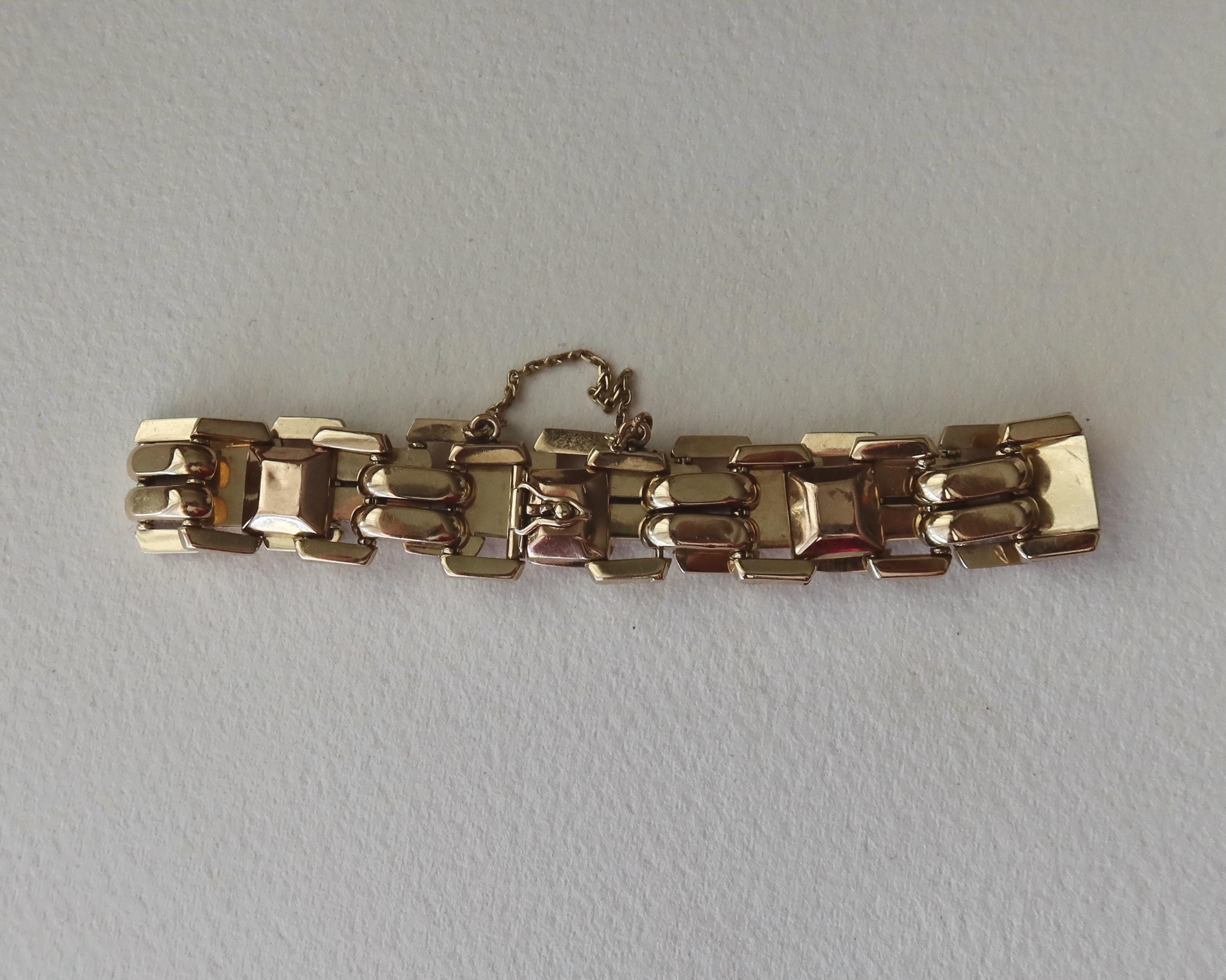 Vintage 14k Gold Tank Bracelet, Yellow and Rose Gold, Chunky Geometric Links, 1940s Style