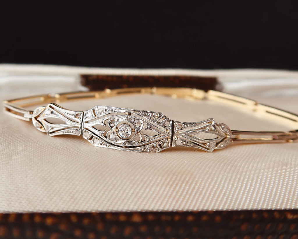 Antique Art Deco Diamond Bracelet, 18k Gold, Rose Cut Diamonds