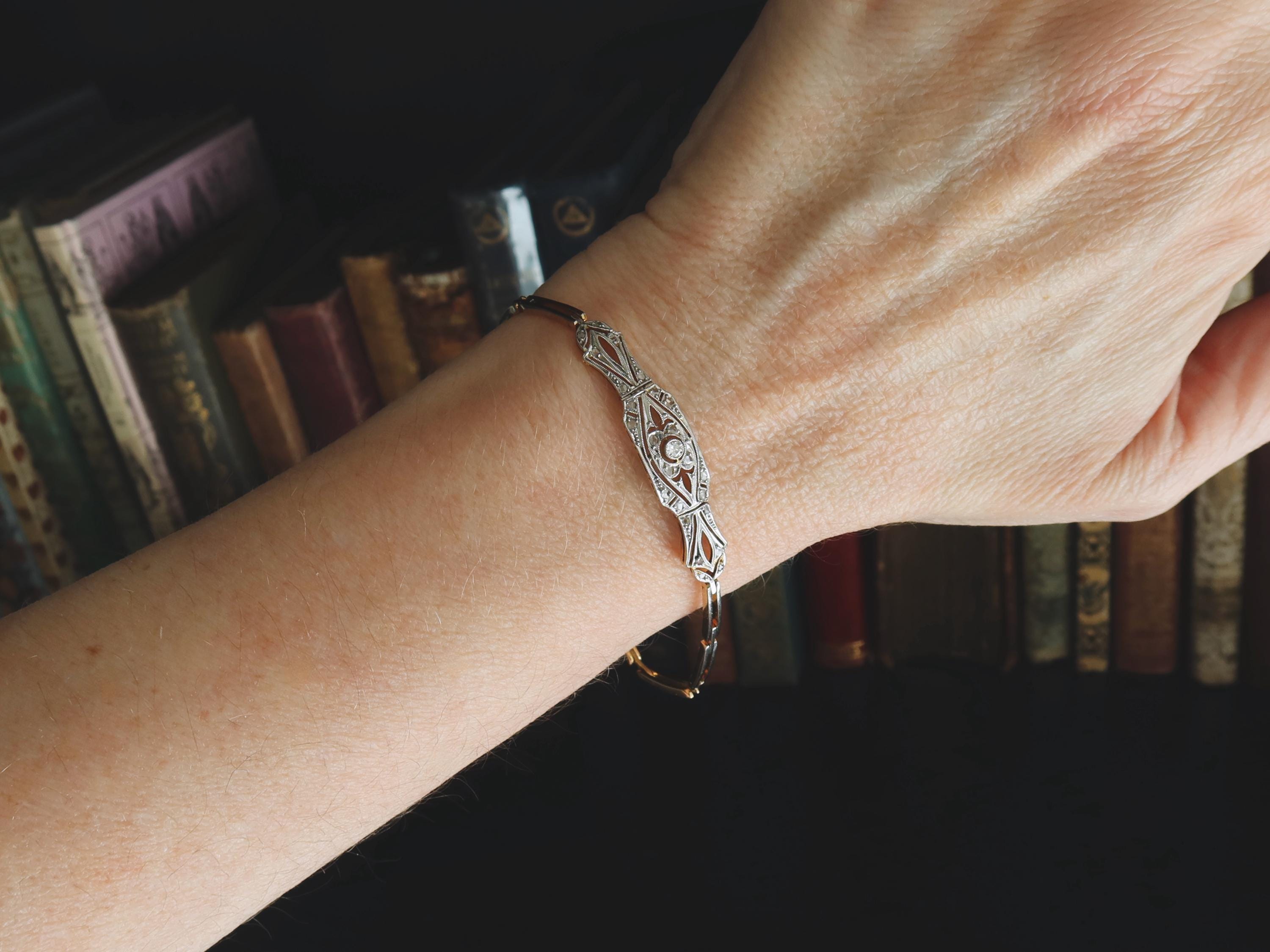 Antique Art Deco Diamond Bracelet, 18k Gold, Rose Cut Diamonds
