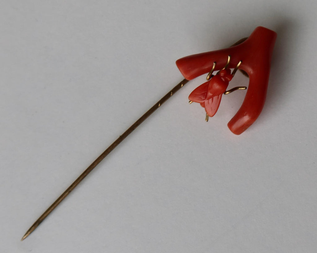 Antique Victorian Coral Fly Tie Pin, Natural Coral Insect Brooch