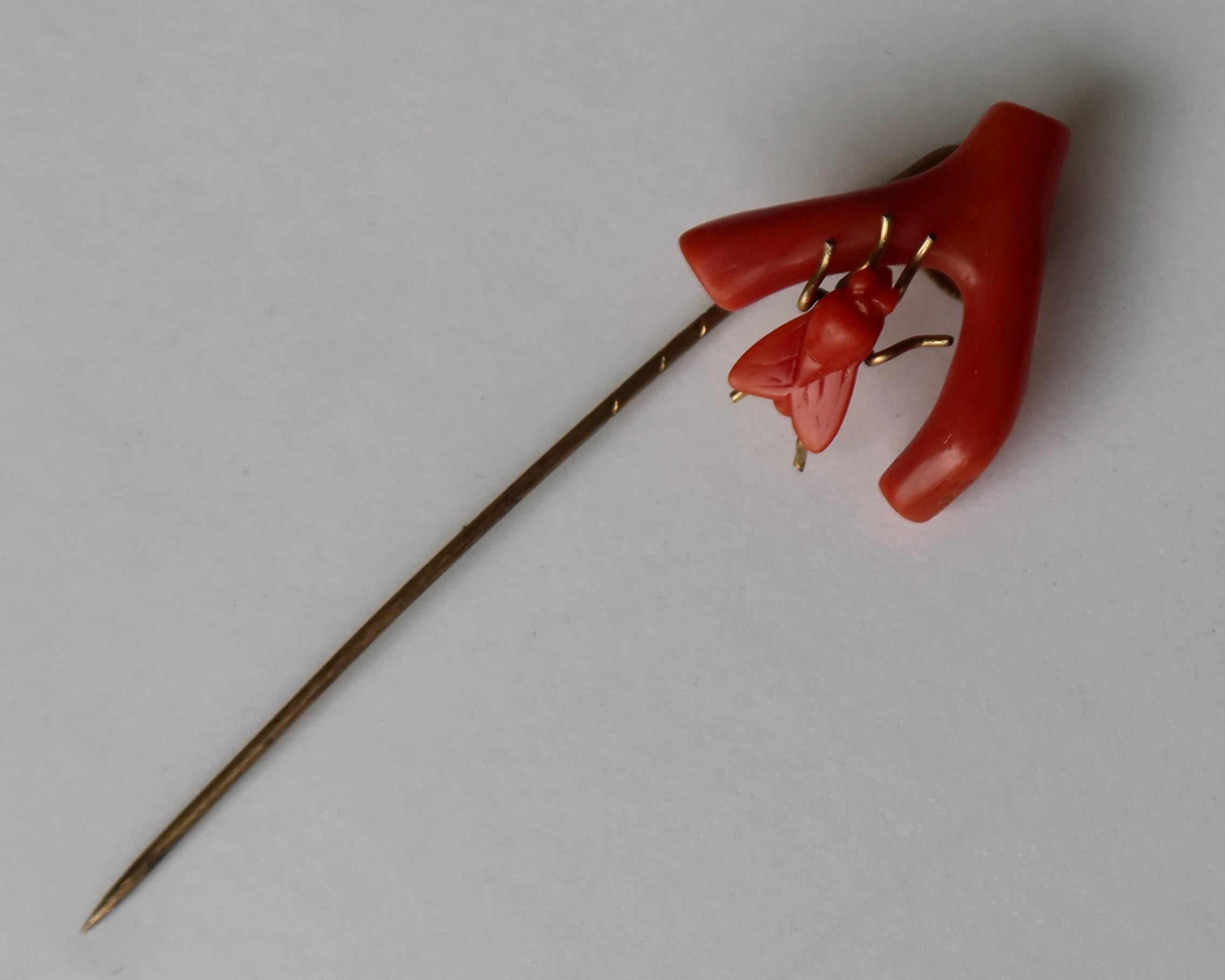 Antique Victorian Coral Fly Tie Pin, Natural Coral Insect Brooch