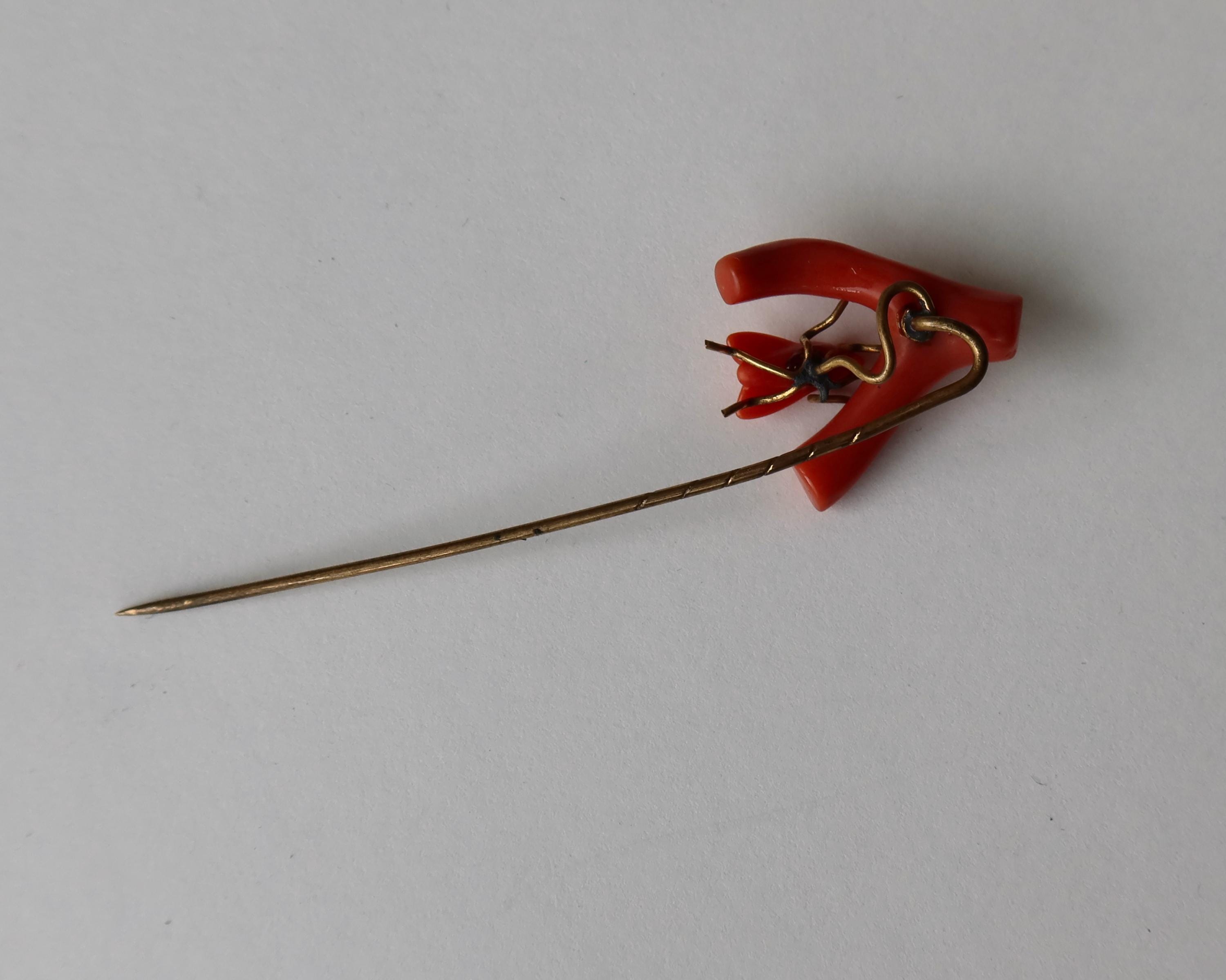 Antique Victorian Coral Fly Tie Pin, Natural Coral Insect Brooch