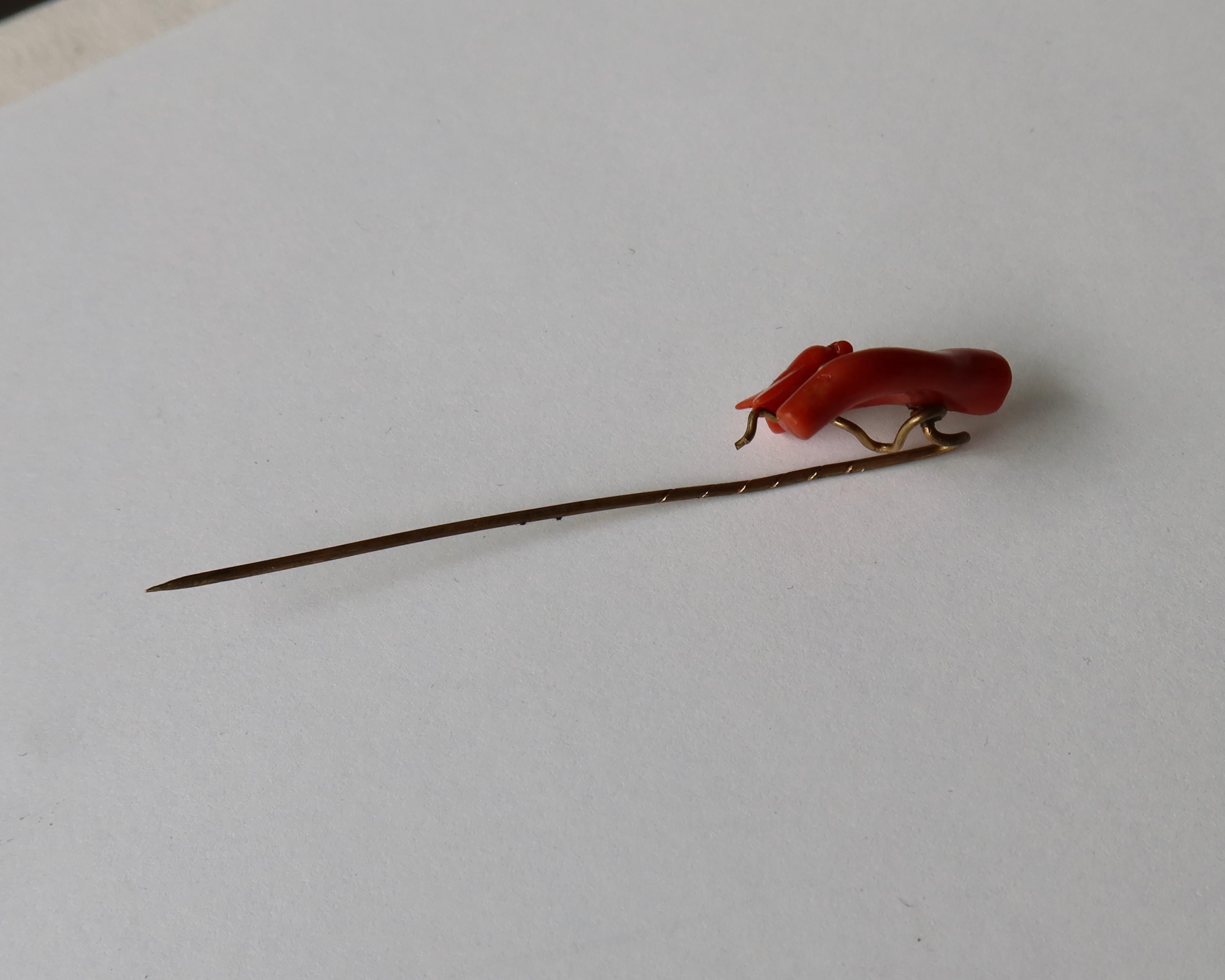 Antique Victorian Coral Fly Tie Pin, Natural Coral Insect Brooch