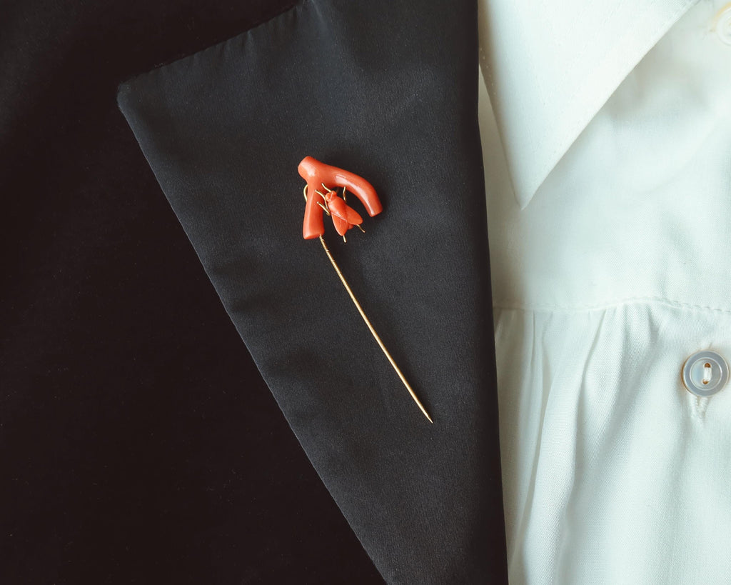 Antique Victorian Coral Fly Tie Pin, Natural Coral Insect Brooch