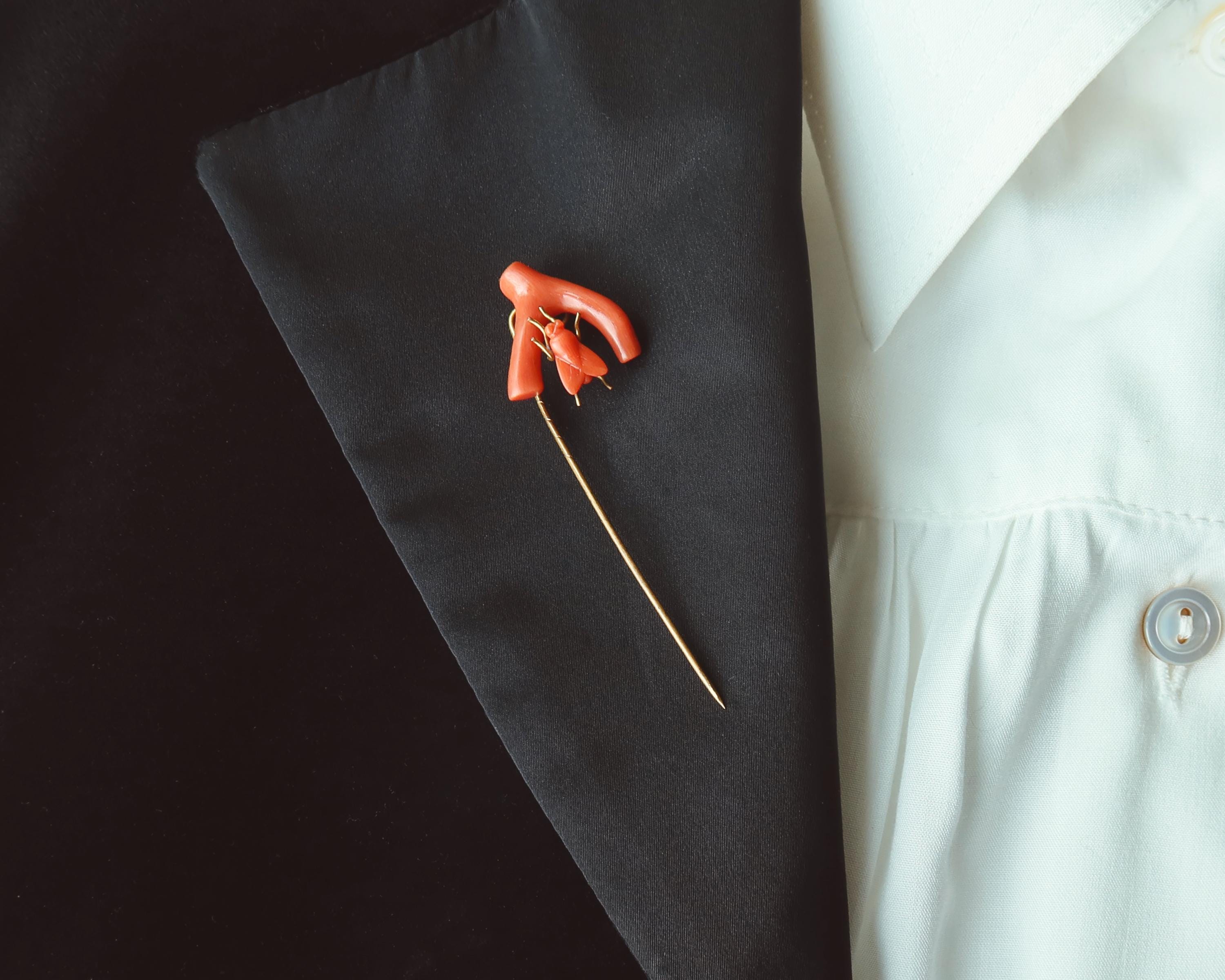 Antique Victorian Coral Fly Tie Pin, Natural Coral Insect Brooch