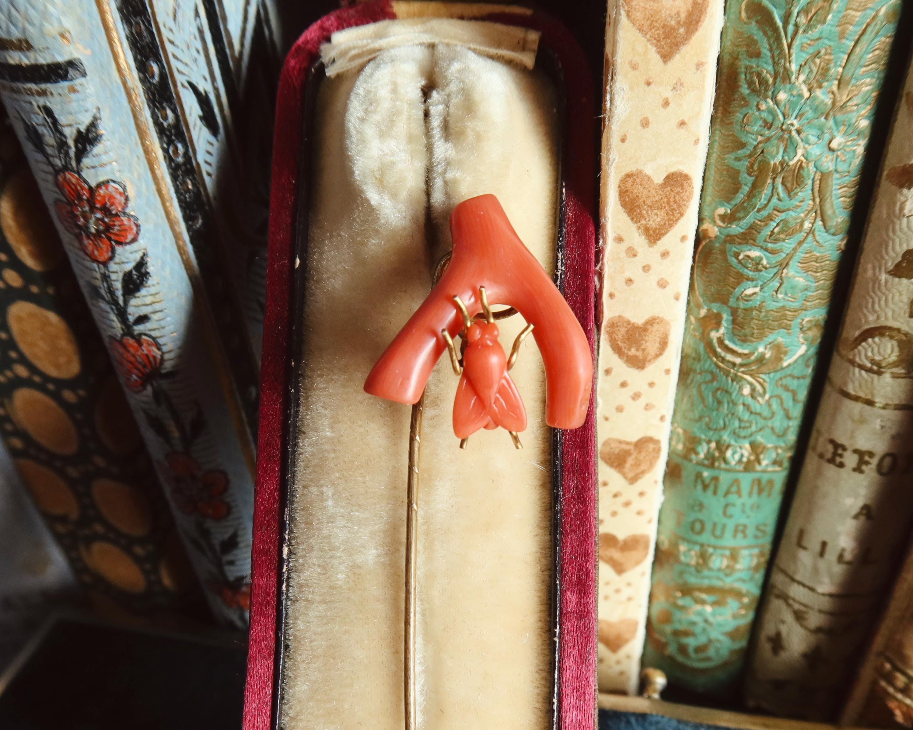 Antique Victorian Coral Fly Tie Pin, Natural Coral Insect Brooch